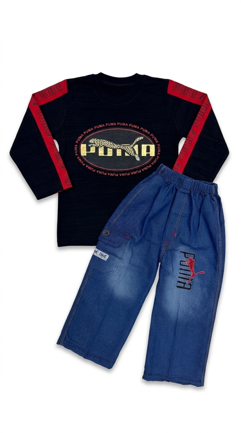 Boys Puma Full Sleeve Winter T-Shirt & Trouser Co-Ord Set (2 Pcs) — Black