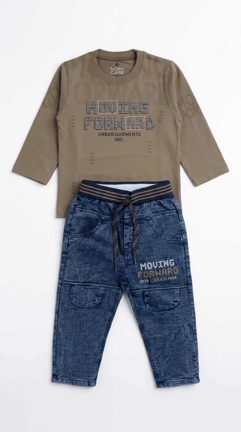 Boys Moving Forward Full Sleeve Winter T-Shirt & Denim Trouser Co-Ord Set (2 Pcs) — Brown