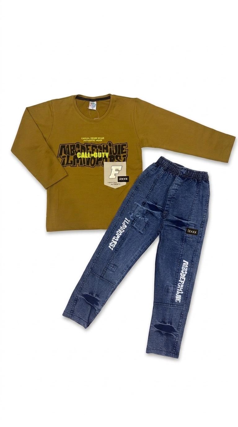 Boys Call of Duty Full Sleeve Winter T-Shirt & Denim Trouser Co-Ord Set (2 Pcs) — front, flat on cream