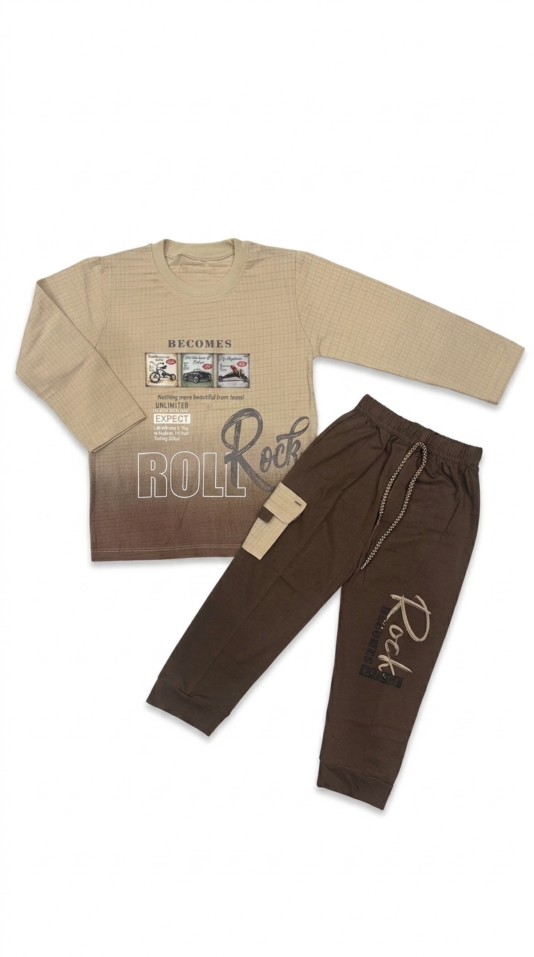 Untitled Boys Roll Rock Full Sleeve Winter T-Shirt & Jogger Co-Ord Set (2 Pcs) — Brown