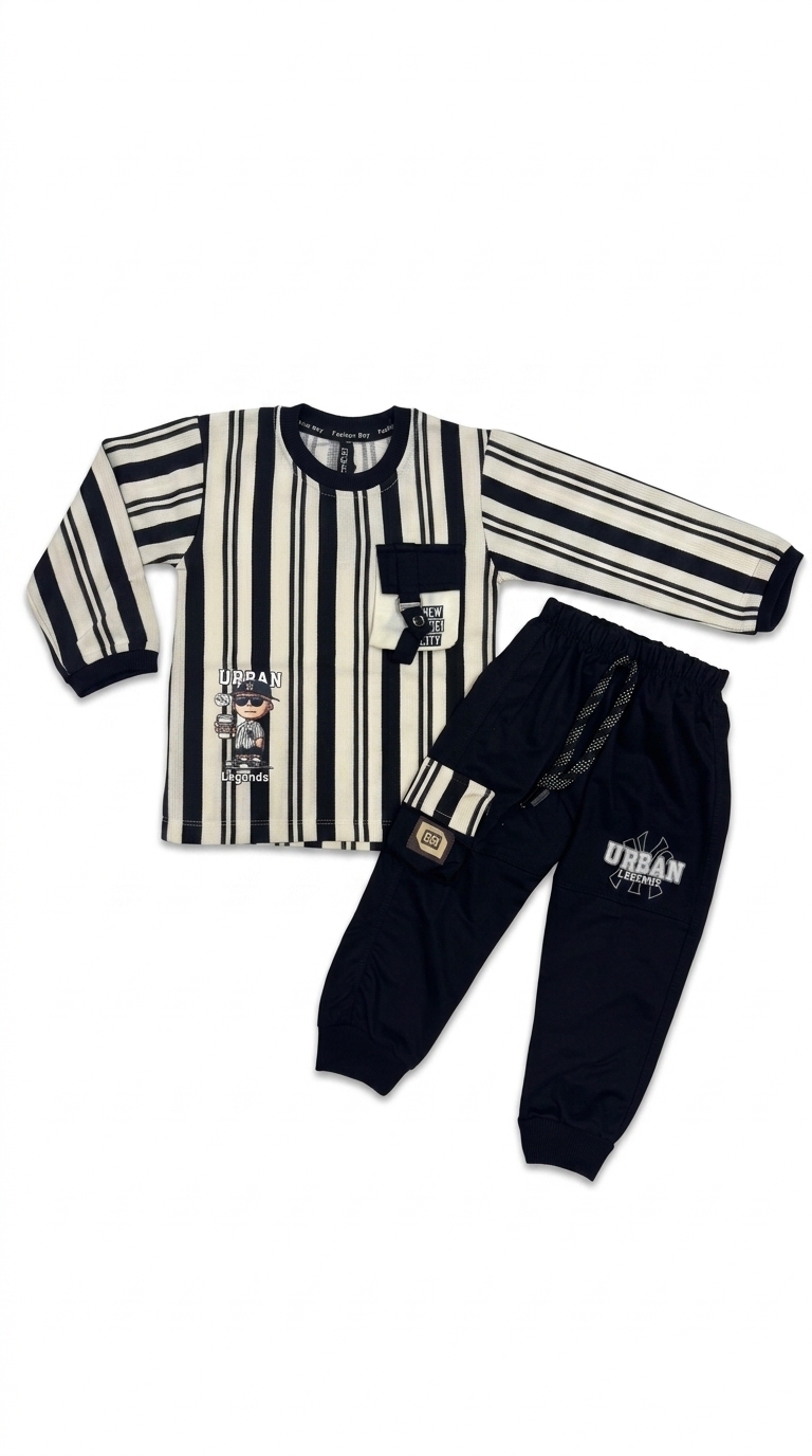 Boys Urban Legends Striped Full Sleeve T-Shirt & Jogger Trousers Co-Ord Set (2 Pcs) — Black