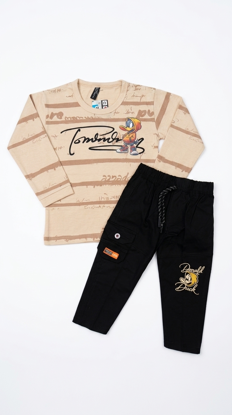 Boys Donald Duck Graphic Full Sleeve T-Shirt & Cargo Jogger Trousers Co-Ord Set (2 Pcs) — Brown