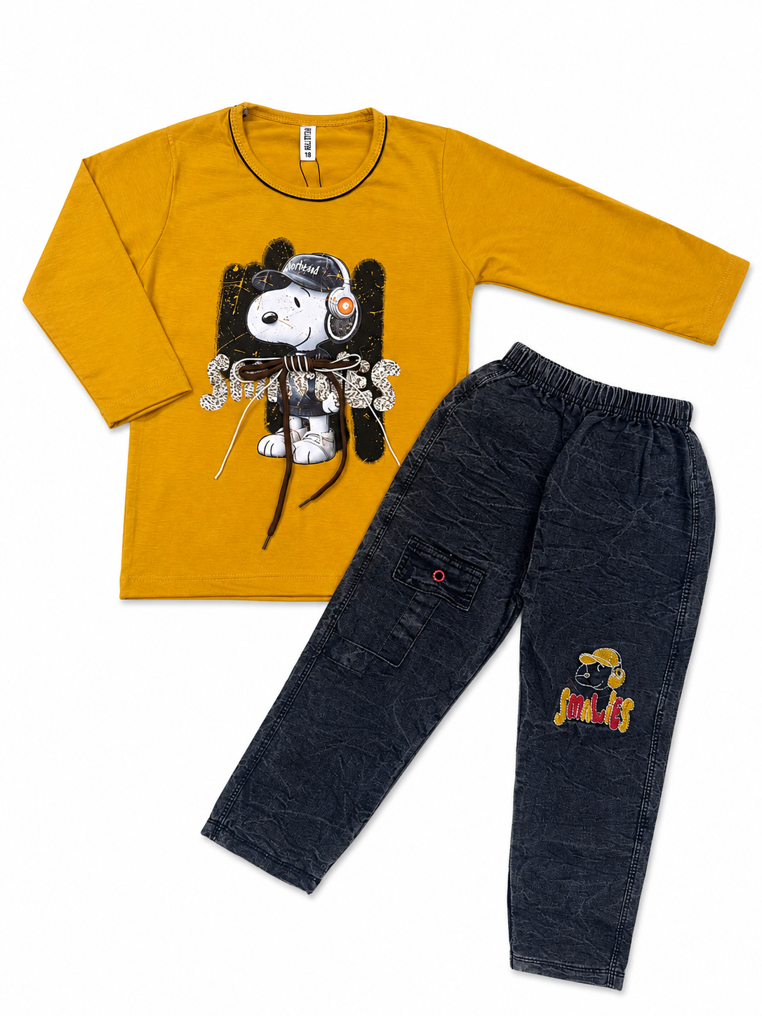 Boys Snoopy Graphic Full Sleeve T-Shirt & Denim Style Trousers Co-Ord Set (2 Pcs)