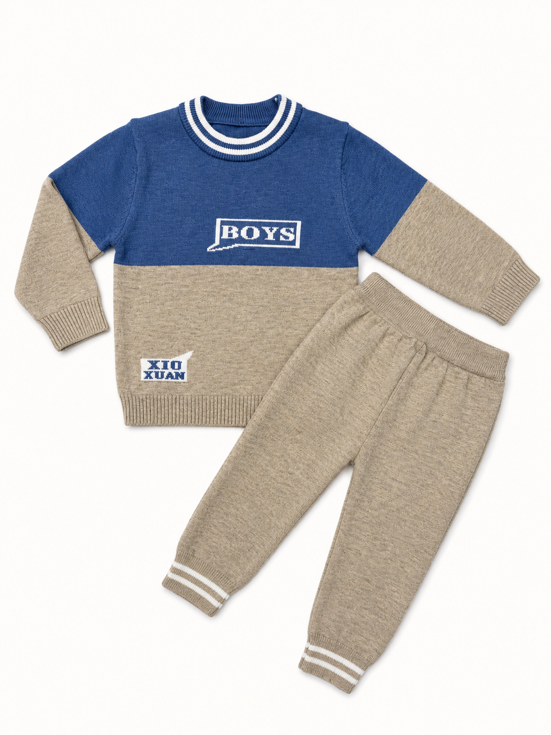 Boys Wool Sweater & Trouser Set – Blue & Beige Winter Collection (2 Pcs) — Natural