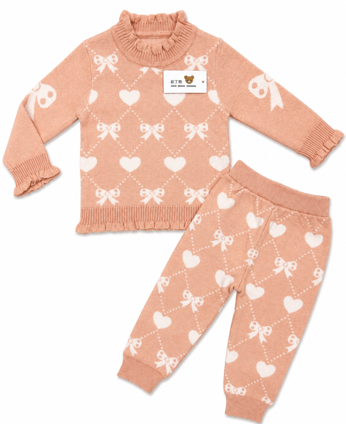 Girls Winter Jacquard Knit Sweater & Trouser Set – Peach Heart & Bow Design (2 Pcs) — Peach