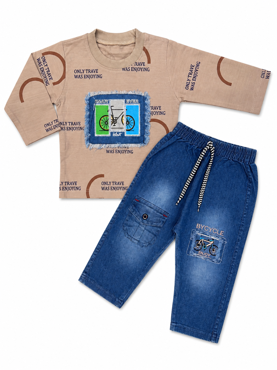 Boy Bicycle Print Full Sleeve T-Shirt & Denim Style Trouser Set — Beige