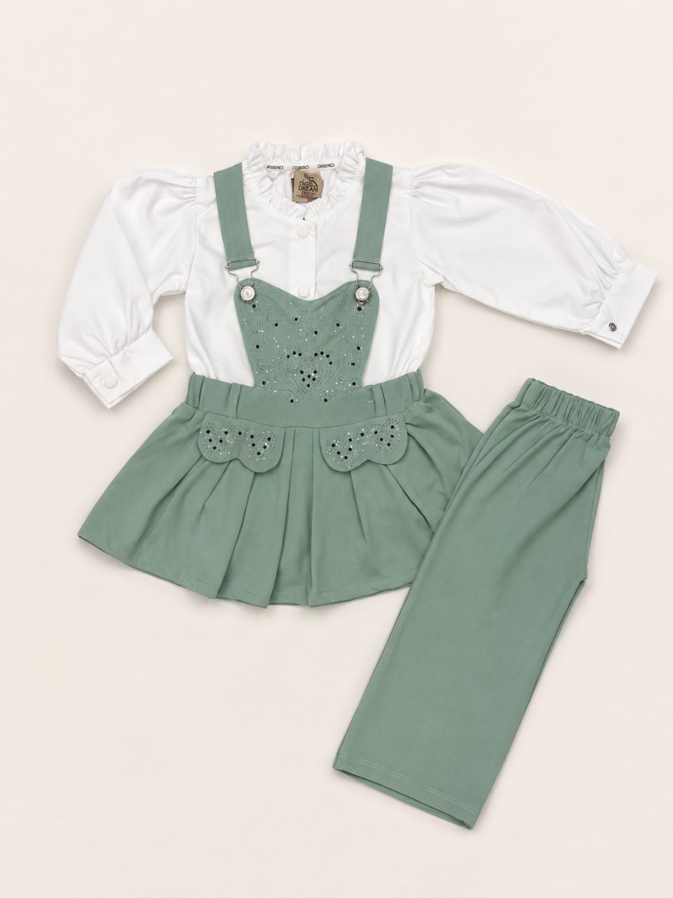 Girls 3-Piece Embellished Suspender Skirt Set – Shirt, Skirt & Trouser — Mint