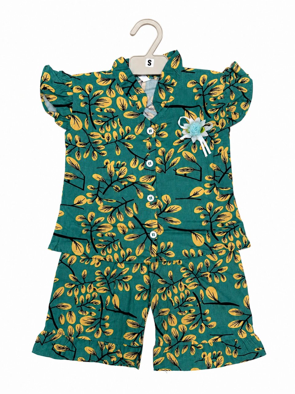 Girls Floral Linen Shirt & Shorts Co-Ord Set — Green