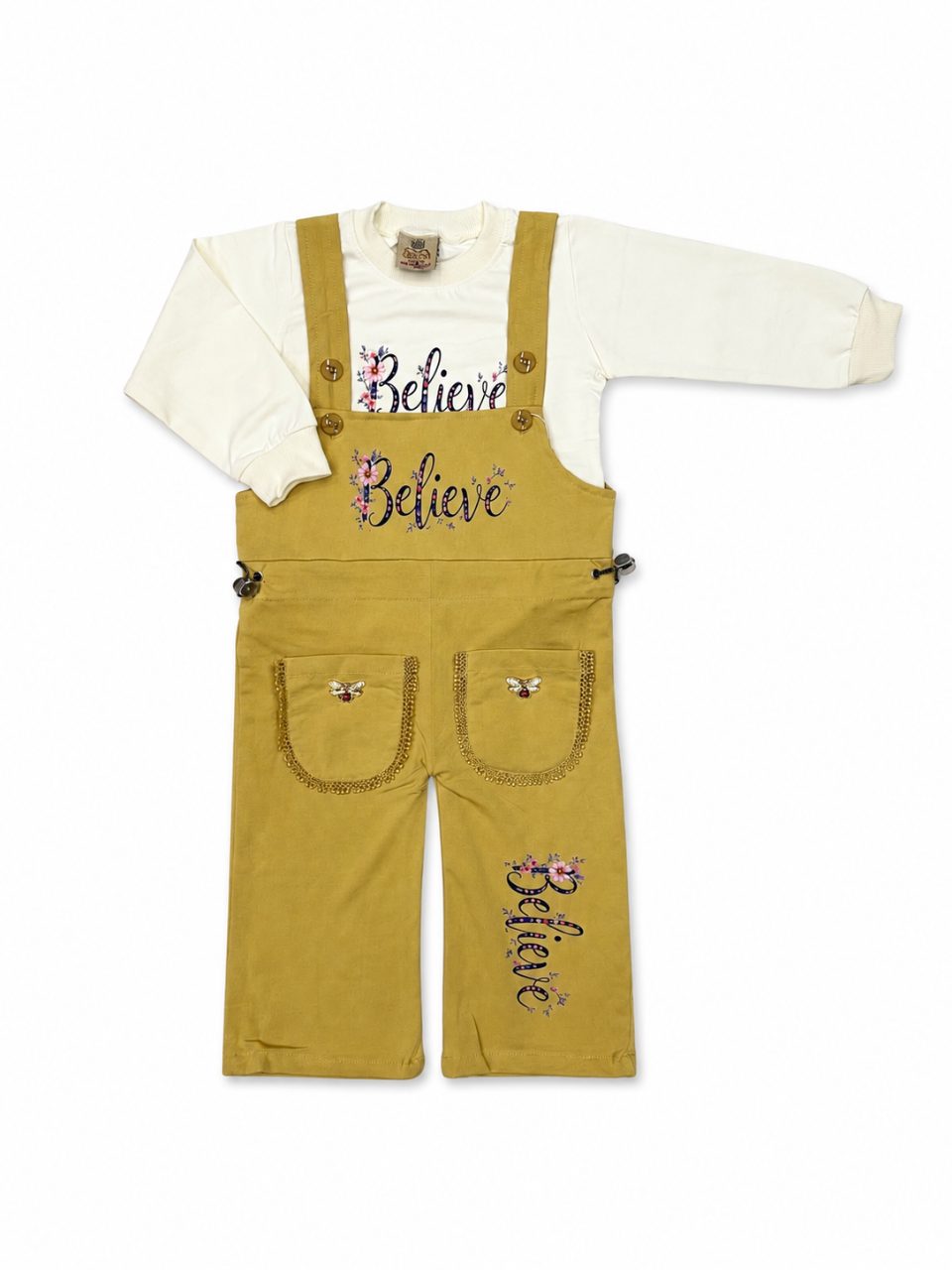Girls Premium Believe Full Sleeve Dungaree Style Co-Ord Set — Mustard