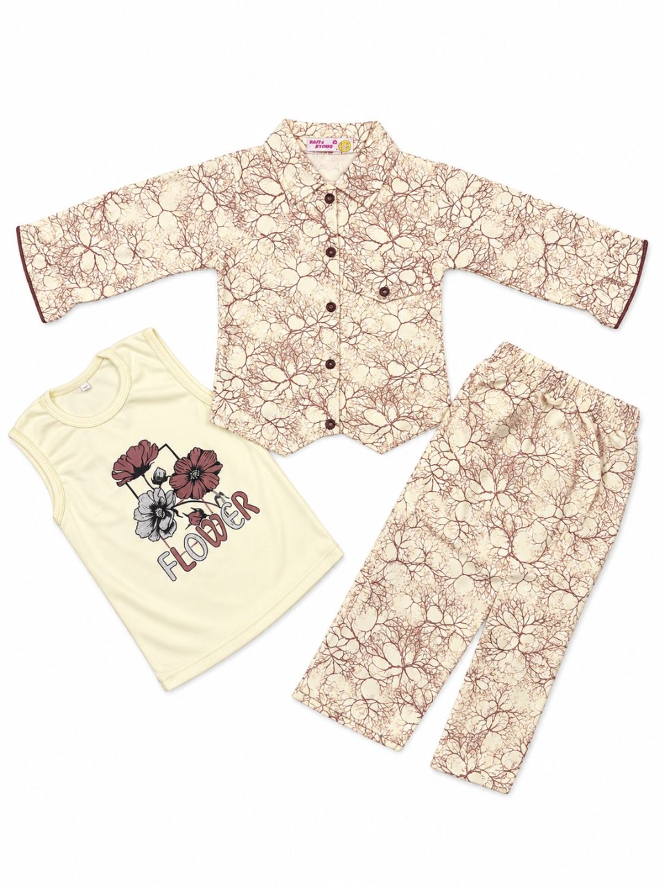 Kids Floral Printed 3-Piece Set — Brick Red