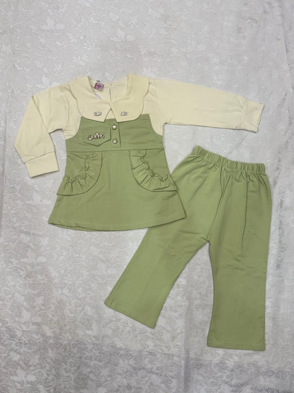 Girls 3-Piece Collared Dress & Trouser Set – Ruffle Pocket Detail — Light Green