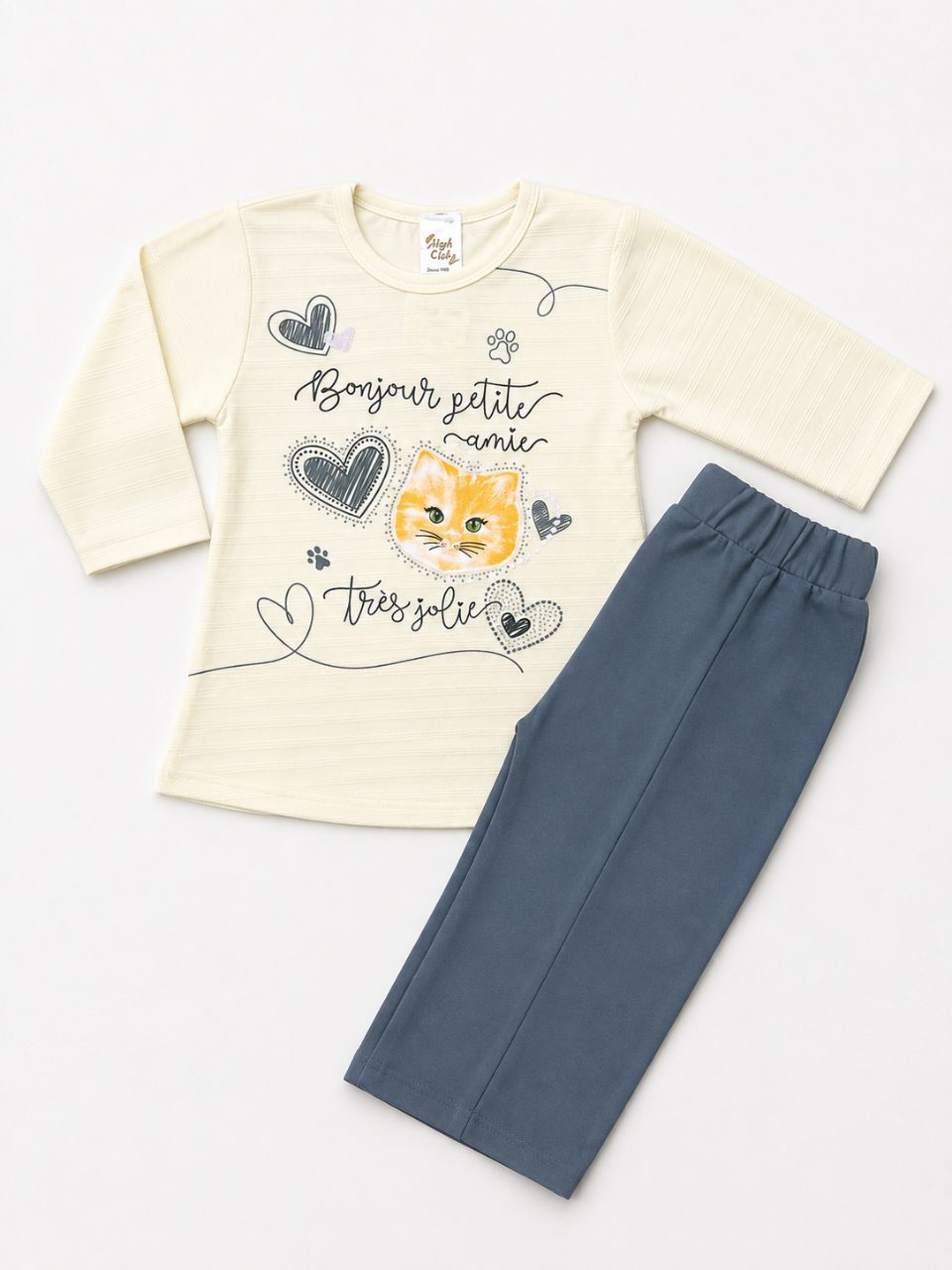 Girls Kitty Print Full Sleeve Co-Ord Set — Grey