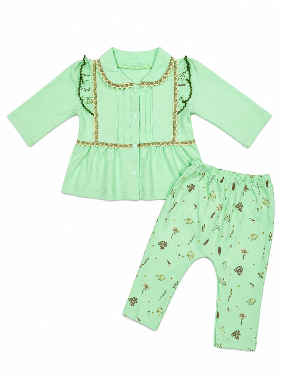 Baby Girls 2 Piece Printed Outfit Set with Peter Pan Collar & Full Sleeves