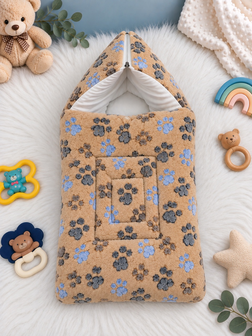 Newborn Plush Carry Nest – Paw Print — Camel